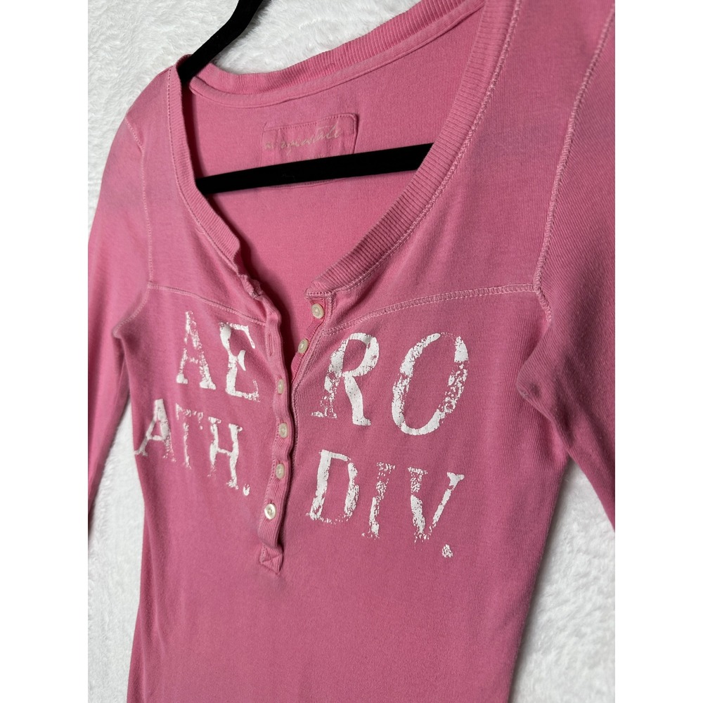 Aeropostale Henley Top Womens Medium Pink Y2K Graphic Long Sleeve Ribbed - Picture 3 of 8